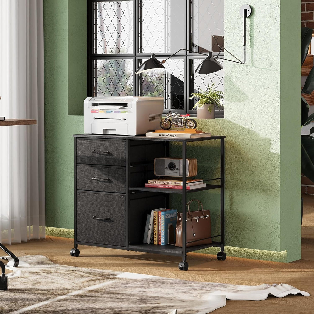 3 Drawer Mobile File Cabinet With Rolling Printer Stand And Open